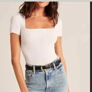 Abercrombie & Fitch White Ribbed Knit Short Sleeve Bodysuit